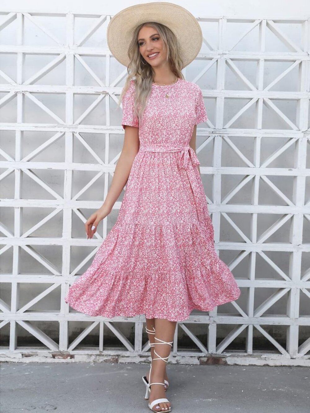 Women's Pink Floral Tiered Short Sleeve Belted Pocket Ruffle Midi Maxi Dress - Picture 6 of 6